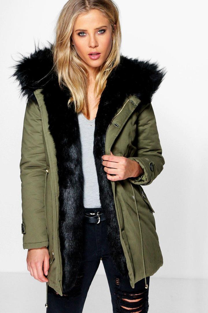 Boohoo Boutique Maria Faux Fur Trim Parka Black