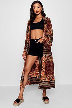 Boohoo Daisy Wide Sleeve Scarf Print Kimono