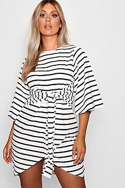 Boohoo Plus Elle Stripe Kimono Sleeve Tie Waist Wrap Dress