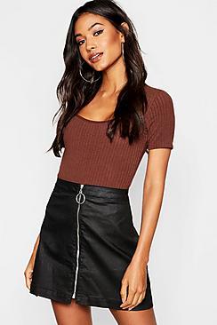 Boohoo Coated Denim Zip Through Skirt