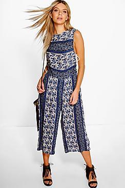 Boohoo Lottie Blue Paisley Lace Up Side Culotte Jumpsuit
