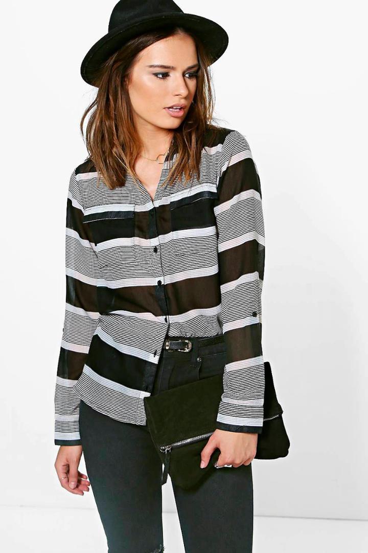 Boohoo Tina Striped Pocket Shirt Black