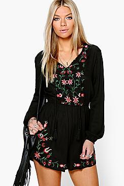 Boohoo Bet Embroidered Full Sleeve Smock Playsuit