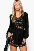 Boohoo Bet Embroidered Full Sleeve Smock Playsuit