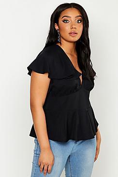 Boohoo Plus Plunge Front Angel Sleeve Peplum Top