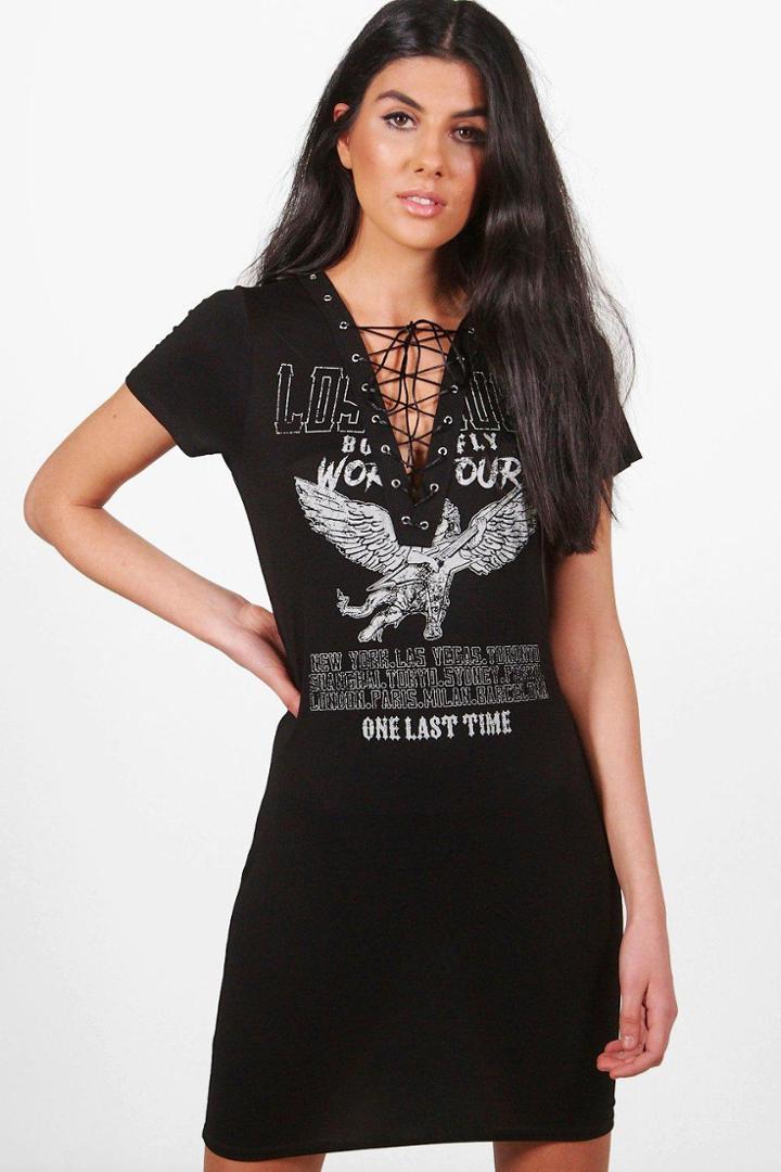 Boohoo Audrianna Lace Up Printed Bodycon Dress Black
