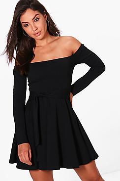 Boohoo Melissa Off Shoulder Tie Waist Skater Dress