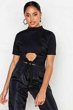 Boohoo Funnel Neck Cut Out Tie Crop Top