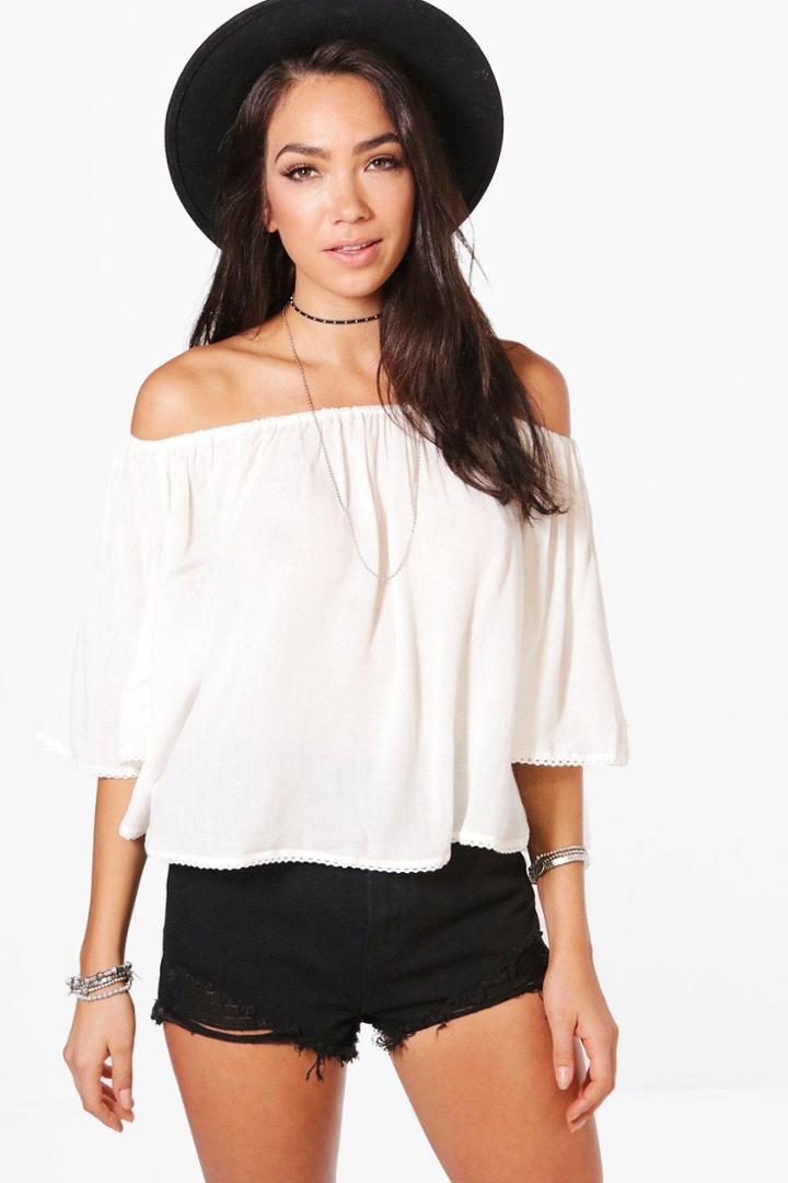 Boohoo Tillie Crochet Hem Off The Shoulder Top Ivory