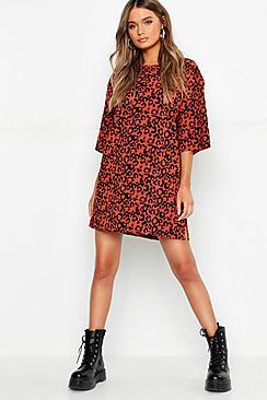 Boohoo Oversized Leopard Ribbed Shift Dress