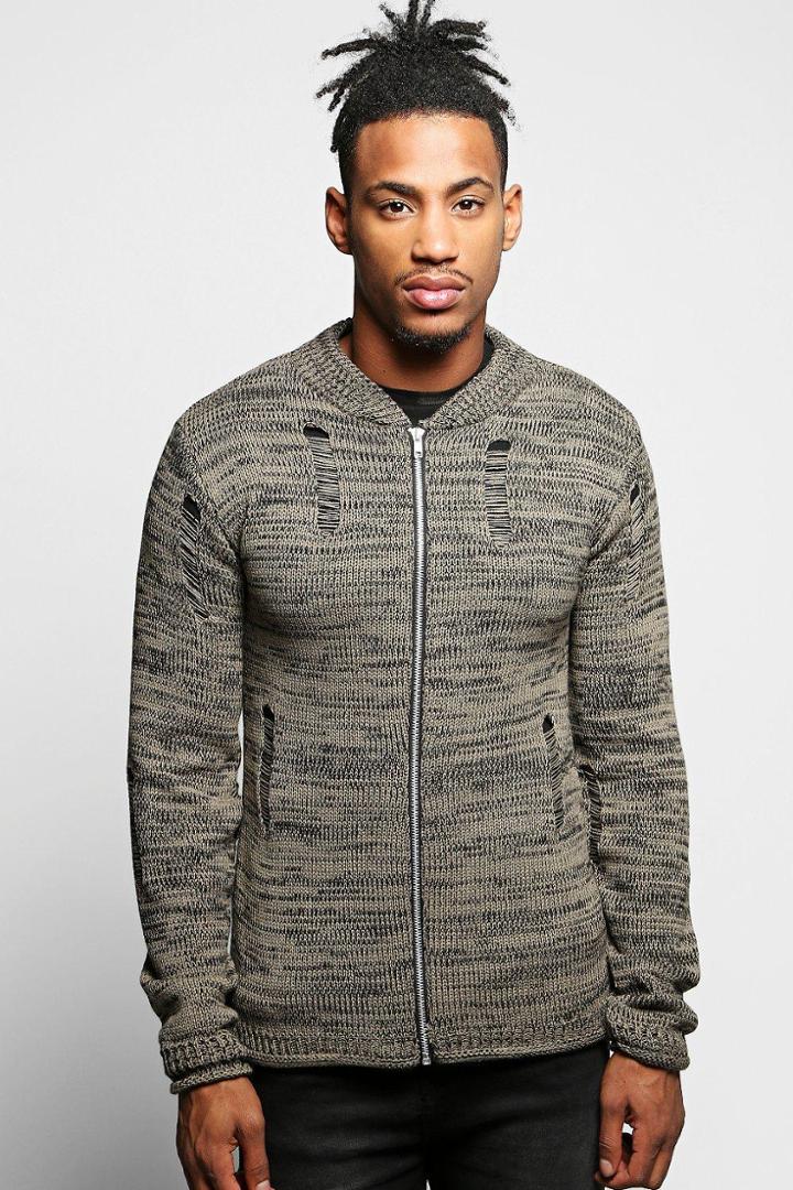 Boohoo Space Knit Bomber With Distressing Khaki