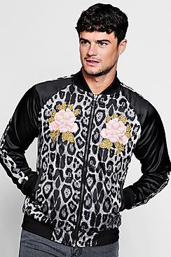 Boohoo Leopard Raglan Sateen Bomber With Embroidery