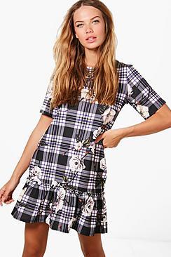 Boohoo Jasmine Drop Hem Gingham Floral Detail Shift Dress