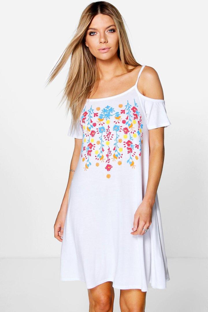 Boohoo Nala Printed Embroidery Cold Shoulder Swing Dress White