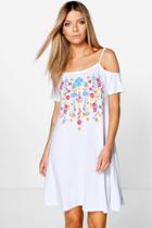 Boohoo Nala Printed Embroidery Cold Shoulder Swing Dress White