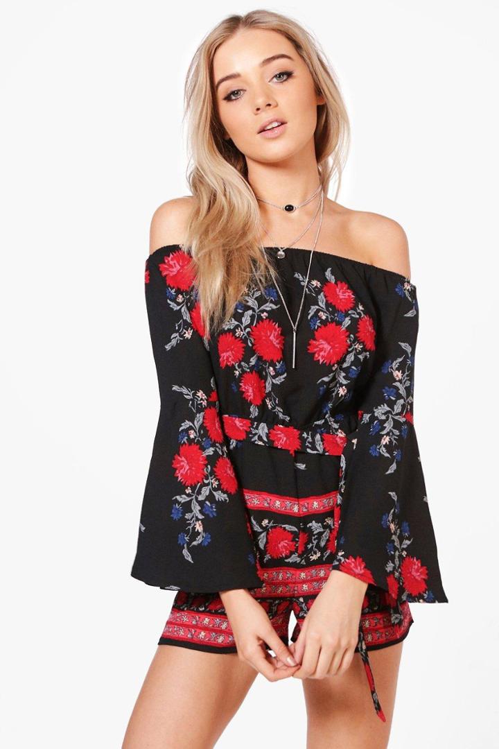 Boohoo Olivia Off The Shoulder Border Print Playsuit Black