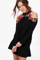 Boohoo Petite Millie Cold Shoulder Embroidered Shift Dress Black