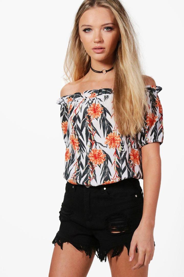 Boohoo Rachel Floral Print Off The Shoulder Top Multi