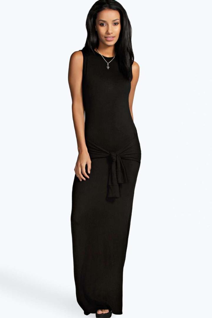 Boohoo Suzie Tie Waist Detail Maxi Dress Black