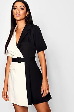 Boohoo Contrast Belted Woven Blazer Dress