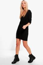 Boohoo Willa Tie Waist Long Sleeve Shift Dress Black