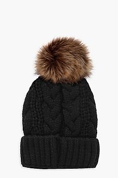 Boohoo Eliza Cable Knit Faux Fur Pom Beanie