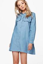 Boohoo Ria Chambray Frill Pocket Oversized Shirt Dress