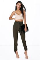 Boohoo Amira Belted Tailored Tie Ankle Slim Trousers Khaki