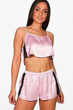 Boohoo Orla Satin & Lace Insert Cami & Short Set