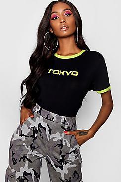 Boohoo Ria Neon 'tokyo' Slogan Ringer Tee