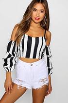 Boohoo Lia Stripe Ruched Sleeve Padded Bardot Crop