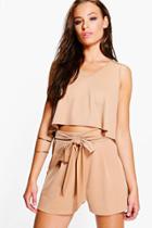 Boohoo Lola V Neck Top + Tie Short Co-ord Tan