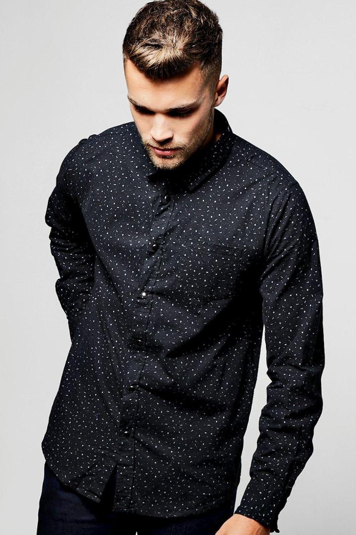 Boohoo Black Long Sleeve Ditsy Print Shirt Black