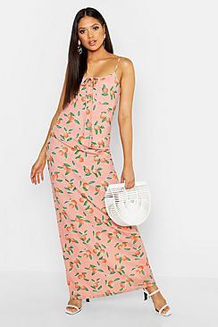 Boohoo Tall Fruit Print Tie Detail Maxi Dress