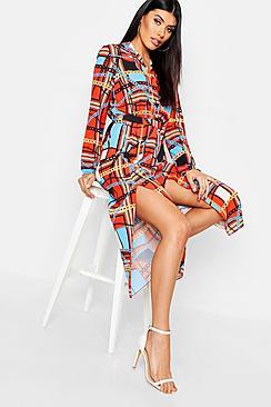 Boohoo Woven Bold Chain Scarf Print Midi Dress