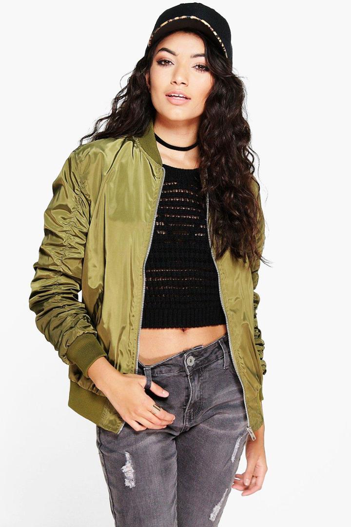 Boohoo Faith Rouched Sleeve Ma1 Bomber Khaki