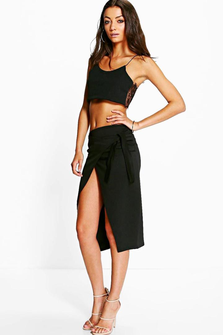 Boohoo Tall Simina Scuba Wrap Tie Wrap Midi Skirt Black