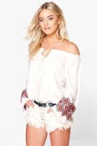 Boohoo Poppy Embroidered Sleeve Woven Off The Shoulder Top White