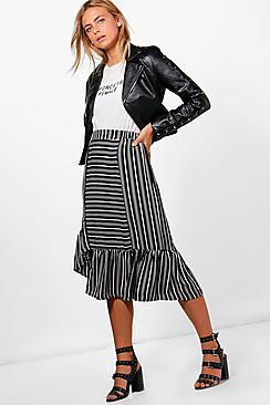 Boohoo Lucy Ruffle Hem Contrast Stripe Midi Skirt