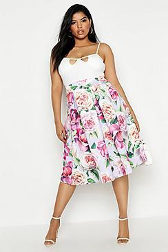 Boohoo Plus Scuba Floral Midi Skirt