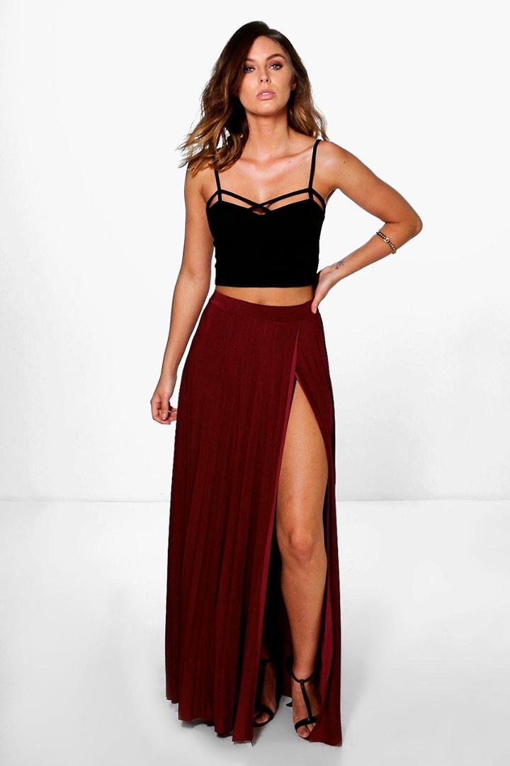 Boohoo Marli Wrap Front Pleated Slinky Maxi Skirt Merlot