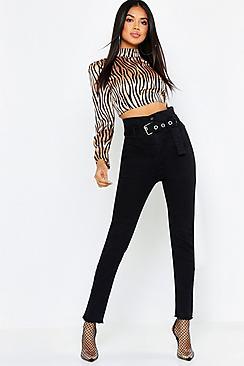 Boohoo Belted Super High Waist Stretch Skinny Jeans