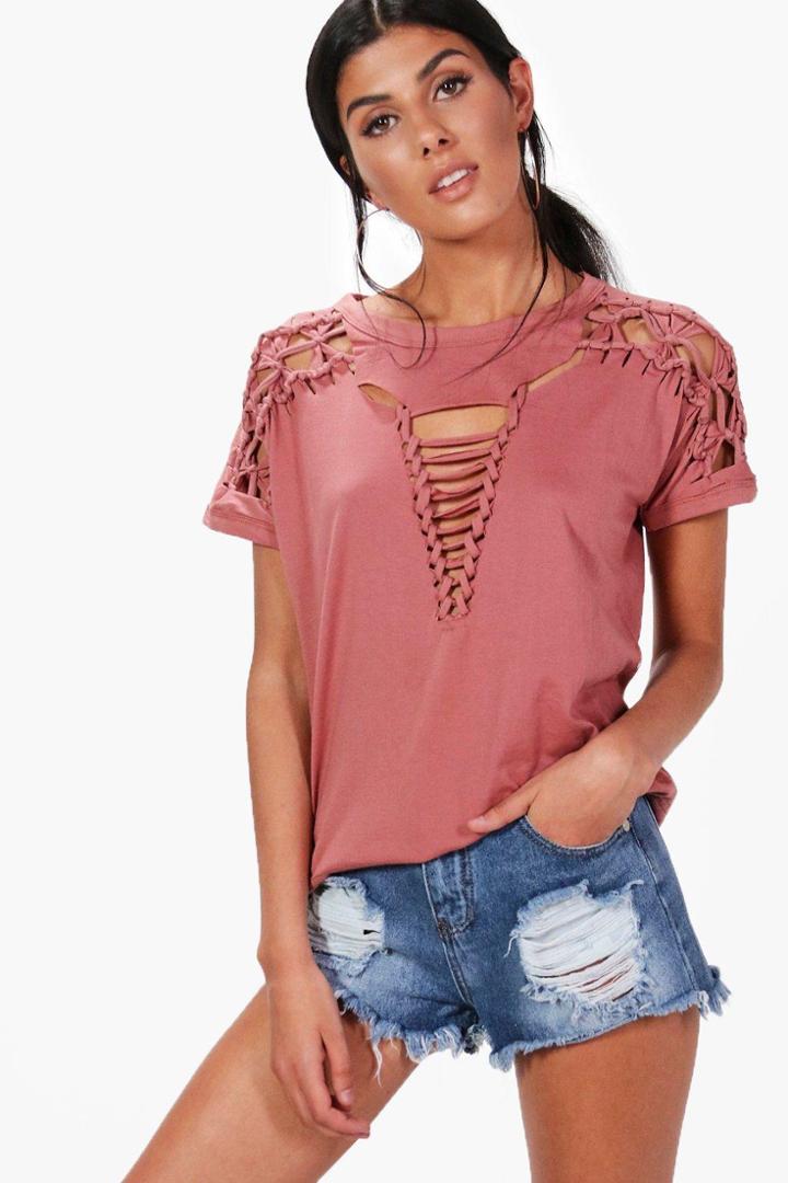 Boohoo Zoe Lace Up Shoulder Detail T-shirt Rose