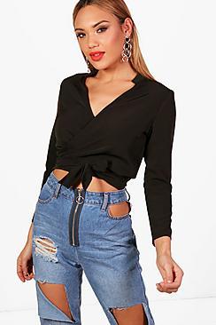 Boohoo Megan Tie Front Crop Blouse