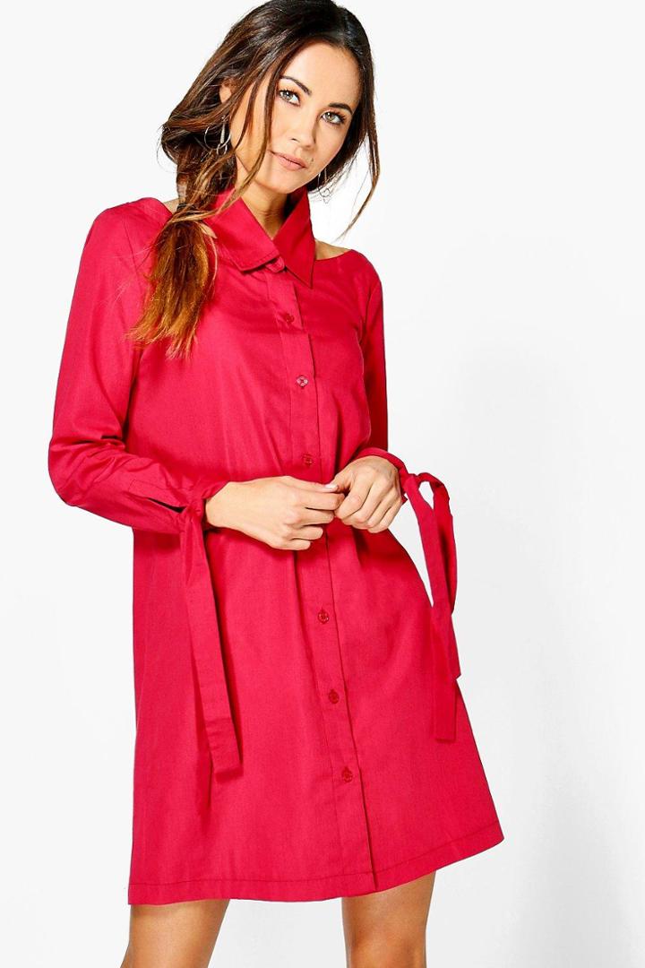 Boohoo Honest Cut Out Collar Detail Shirt Dress Wine