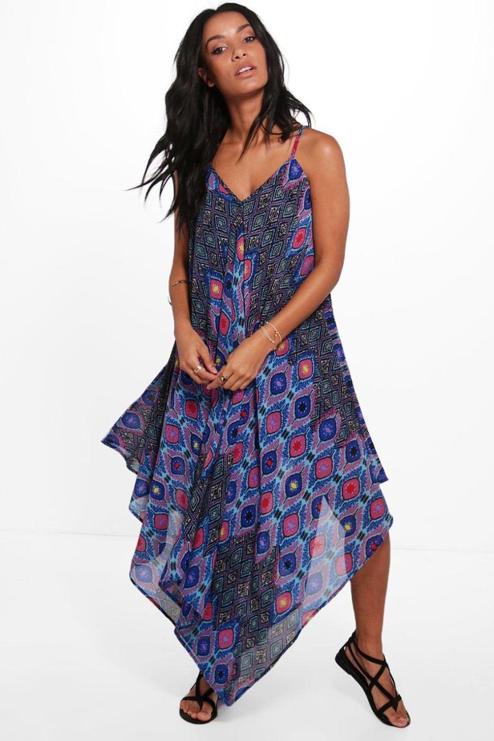 Boohoo Abi Hanky Hem Printed Midi Dress Multi