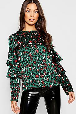Boohoo Leopard Print Ruffle Sleeve Woven Top