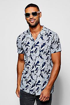 Boohoo Blue Pineapple Print Short Sleeve Revere Shirt