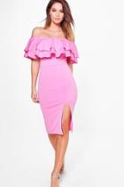 Boohoo Leia Off Shoulder Double Frill Midi Bodycon Dress Pink