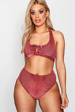 Boohoo Plus Libby Velvet Pinstripe Knot Bikini